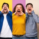 Set,Of,People,Over,Colorful,Backgrounds,Shouting,And,Announcing,Something